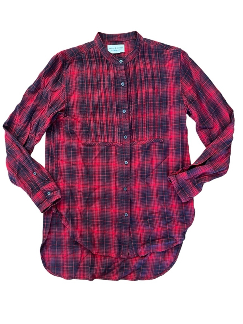 Denim & Supply Ralph Lauren Red and Black Plaid Ruched Longline Button Up Shirt